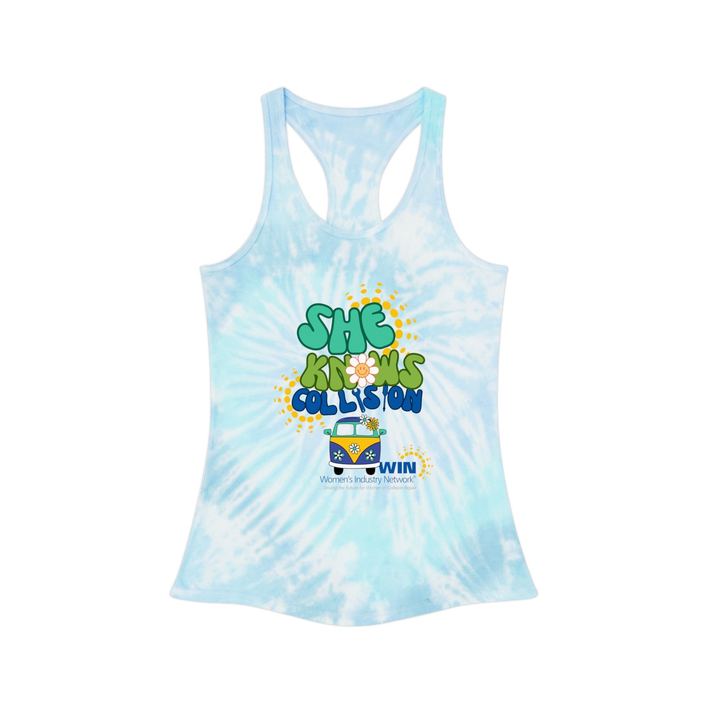 2025 She Knows Collision Tie Dye Racerback Tank Top