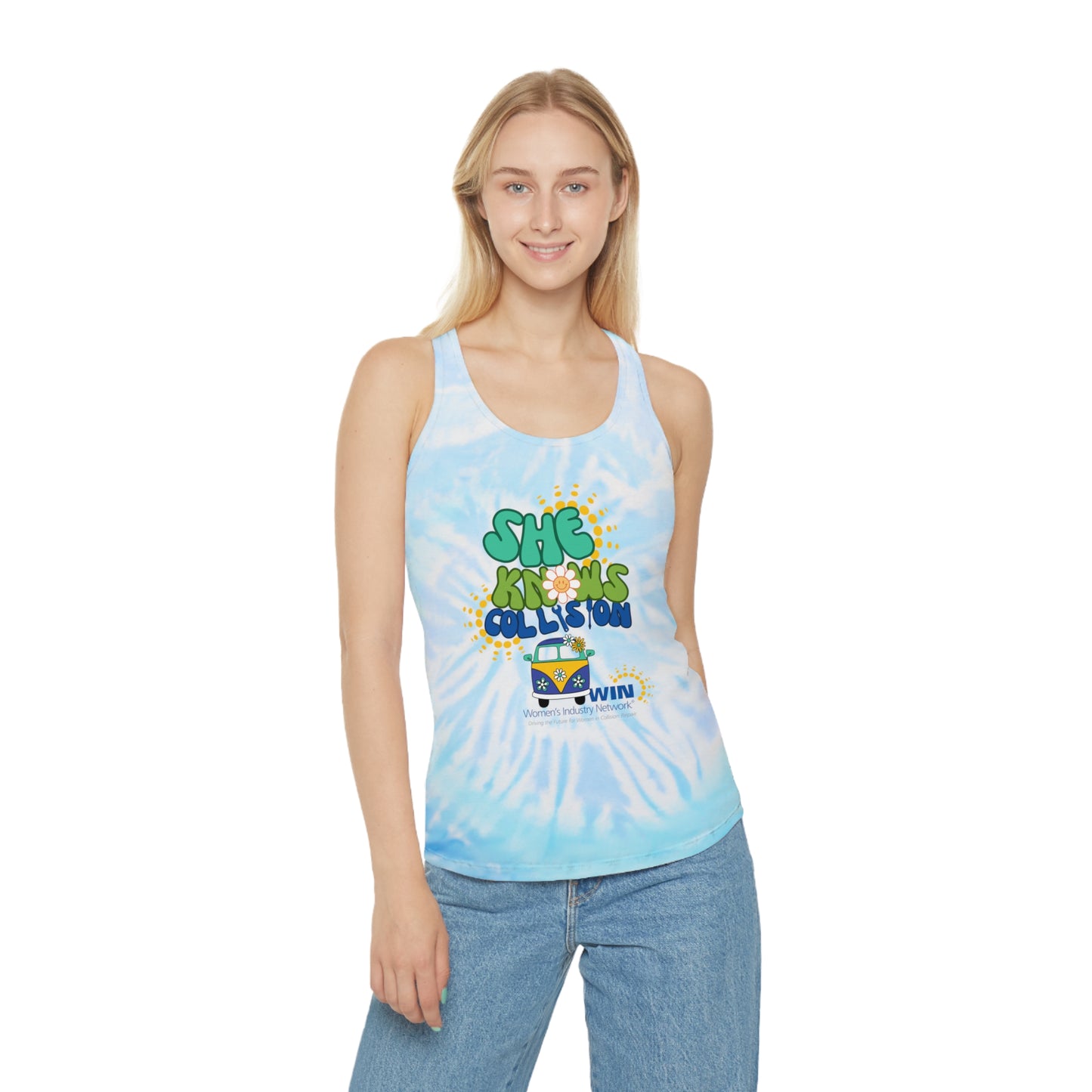 2025 She Knows Collision Tie Dye Racerback Tank Top